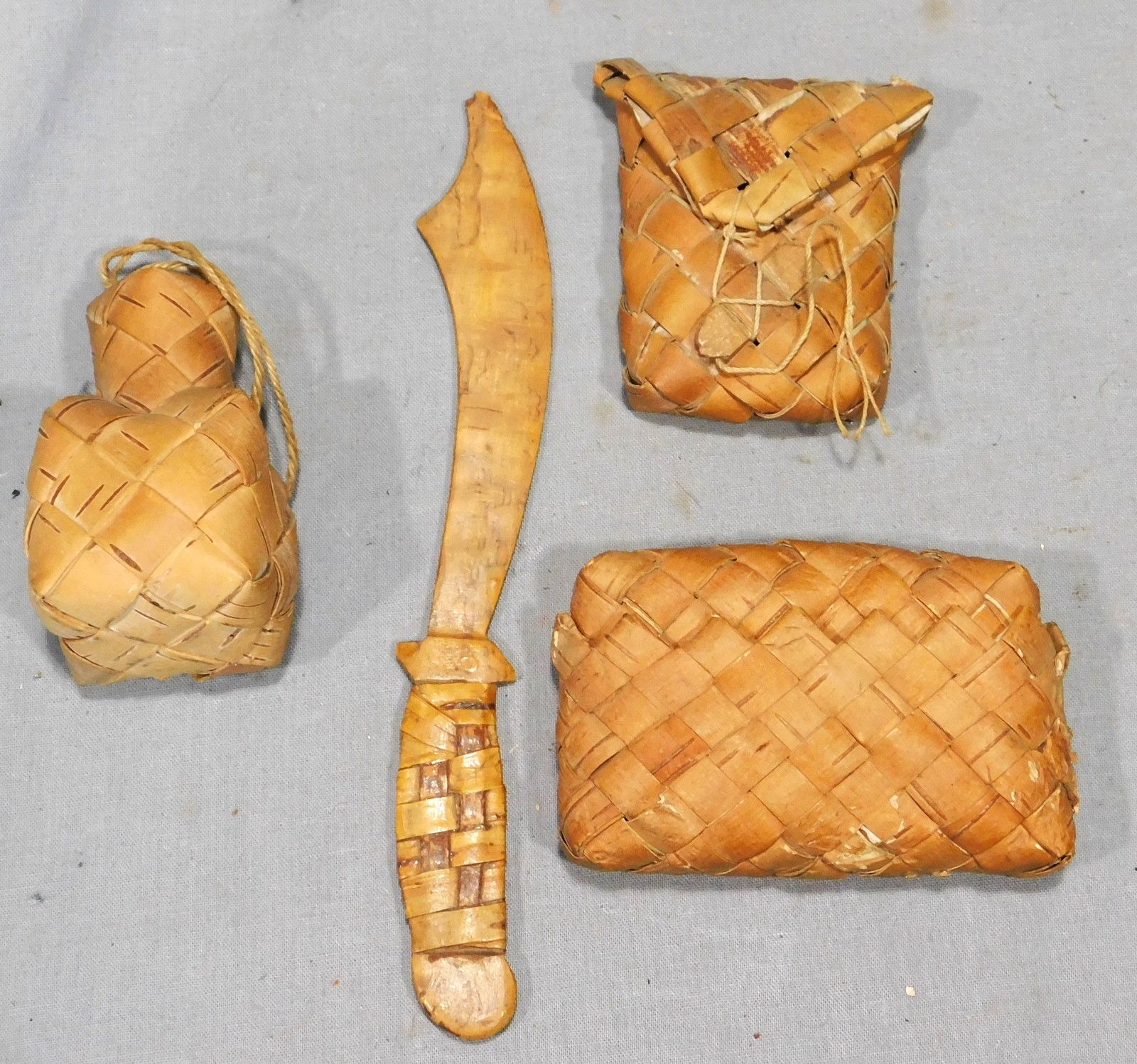 Antique Sami Birch Bark Basket Wallet Knife Set Finnish Swedish Folk Art Lot 4