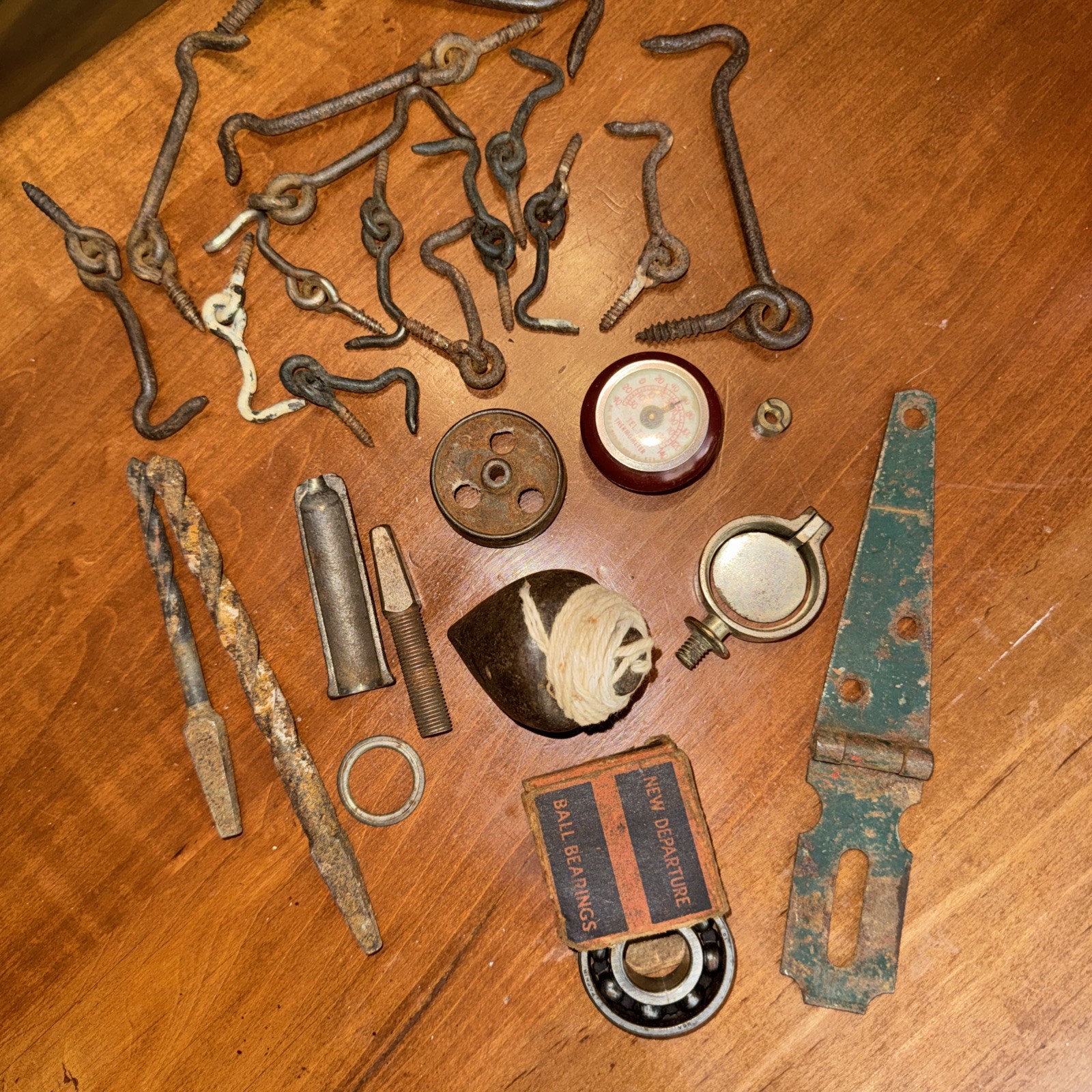 Antique Hardware Mixed Lot Ornate Hinge, Hooks, Gauge, Iron Wheel, Plumb Line ++