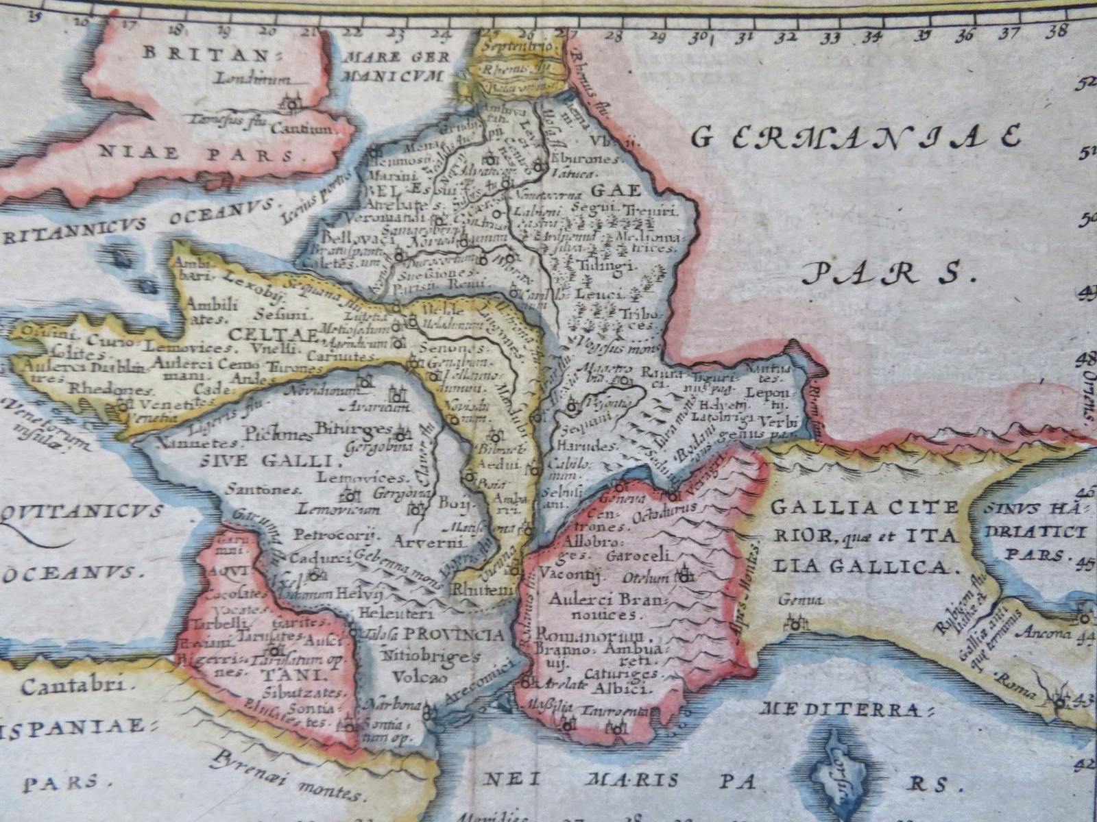 Ancient France Roman Empire Gaul 1686 miniature hand color historical map