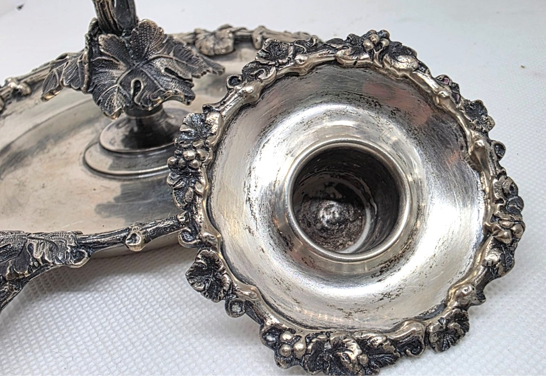 Antique German 800 Solid Silver Chamberstick Vine & Grape Leaf Candle Holder Han