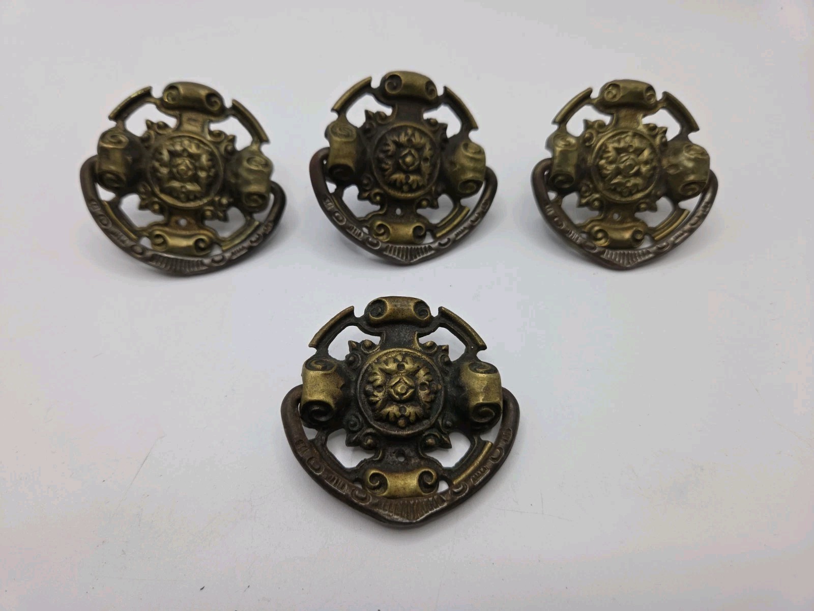 4 Vintage Drawer Pulls Ornate Drop Pull Brass / Metal H210