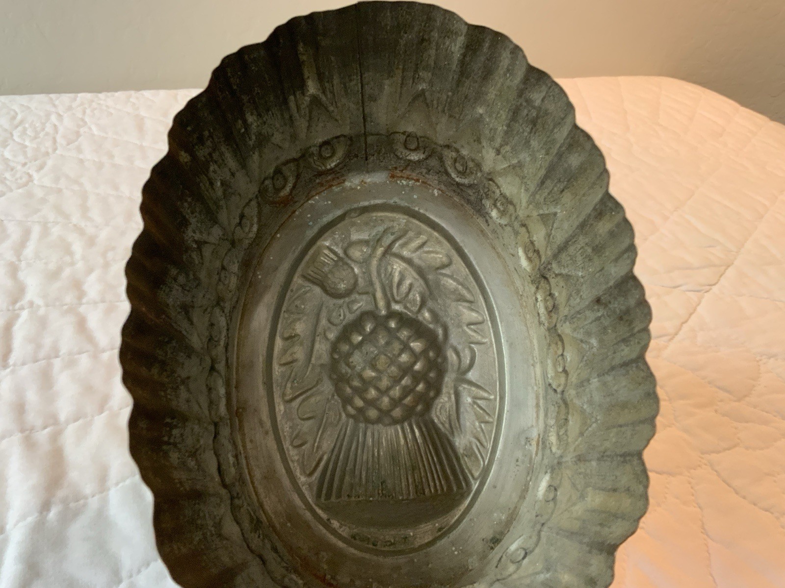 Antique Primitive Tin Mold, Fruit, Leaf, Nut Design Scalloped Edges, Dark Patina