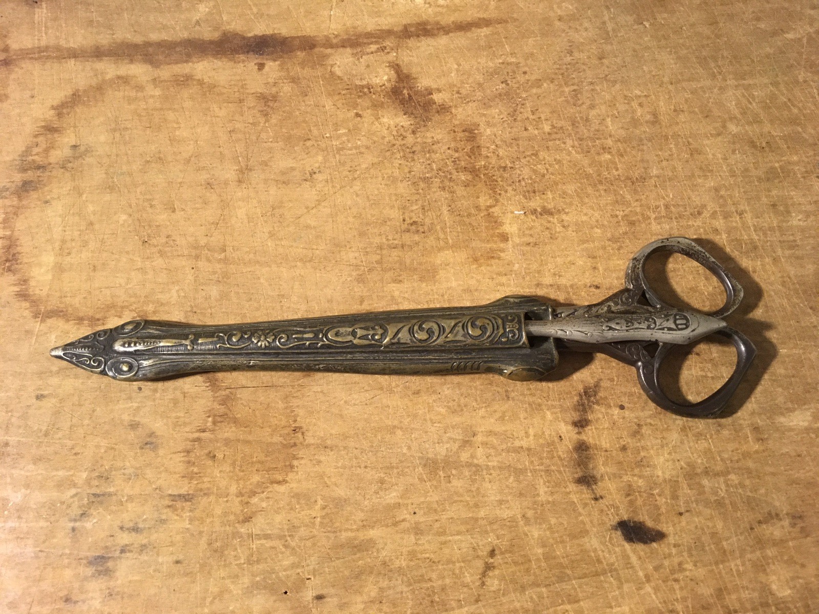 Antique D Peres Solingen Germany 9 34” Ornate Steel Scissors Letter Opener Case