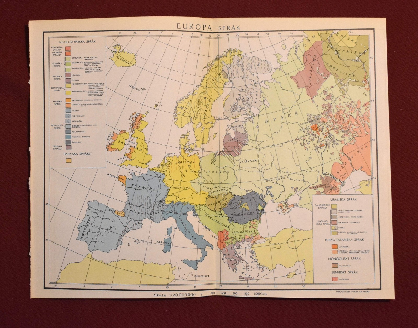 Map of Europe’s Languages, ‘Europa Språk’ Swedish Encyclopedia Plate 1950’s
