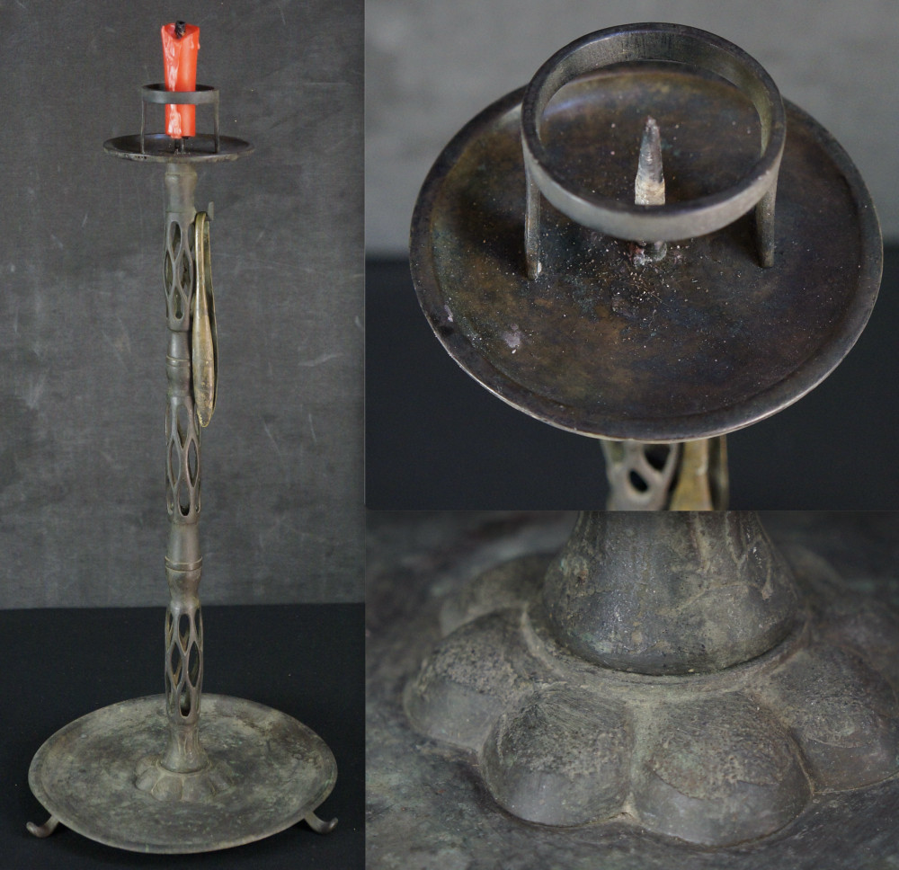 Antique Japan bronze candle single stand Shokudai 1800 hand craft