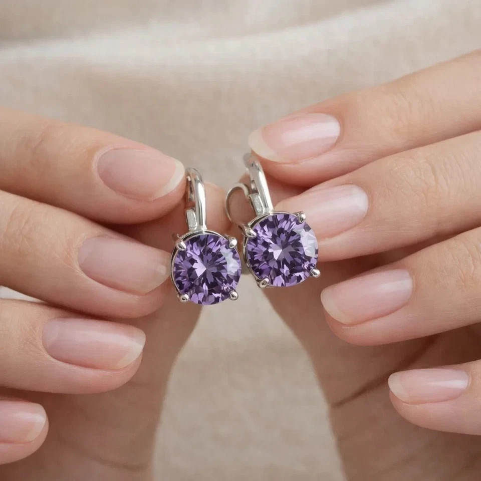 3Ct Round Cut Lab Created Amethyst Solitaire Drop Earrings 14K White Gold Plated
