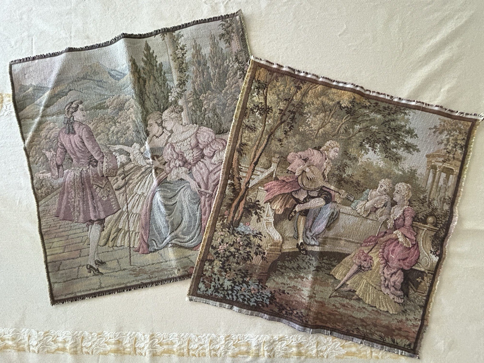 Vintage Pair Italian Jacquard Tapestry Panels Rococo Romantic Scenes 19”