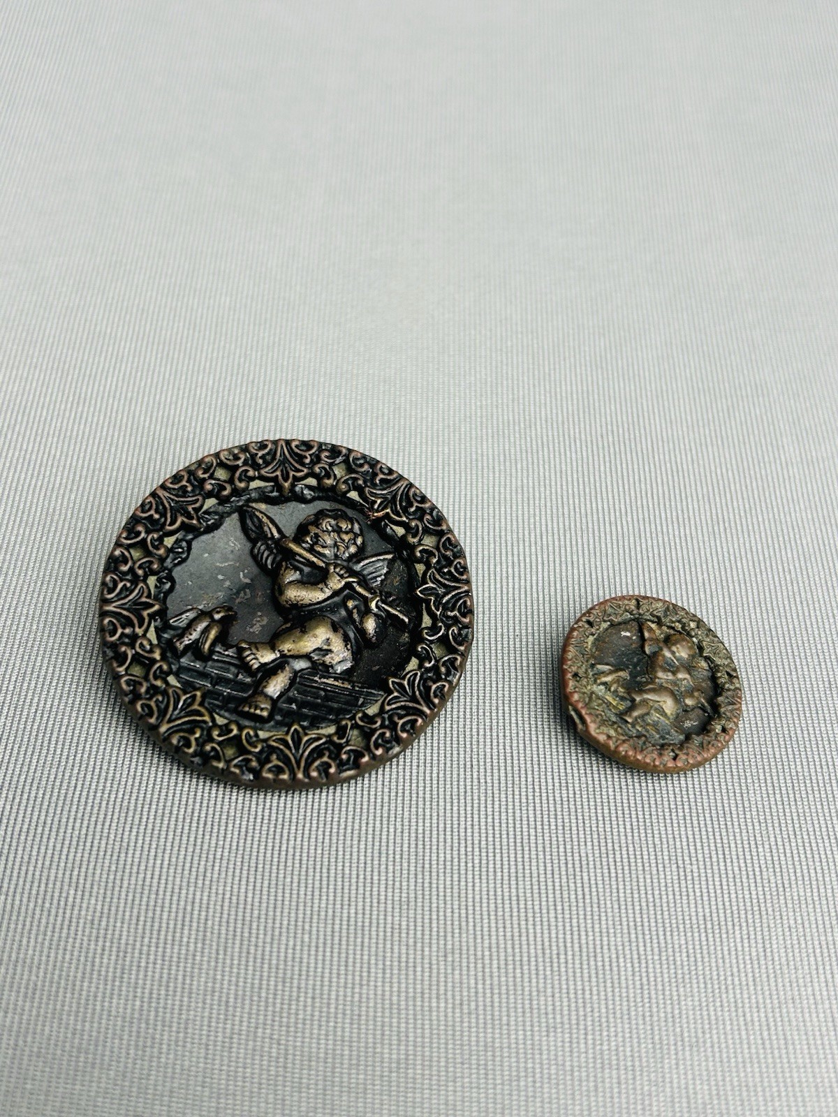 Cupid Playing The Flute Large & Mini Antique Metal Loop Picture Buttons Set Of 2