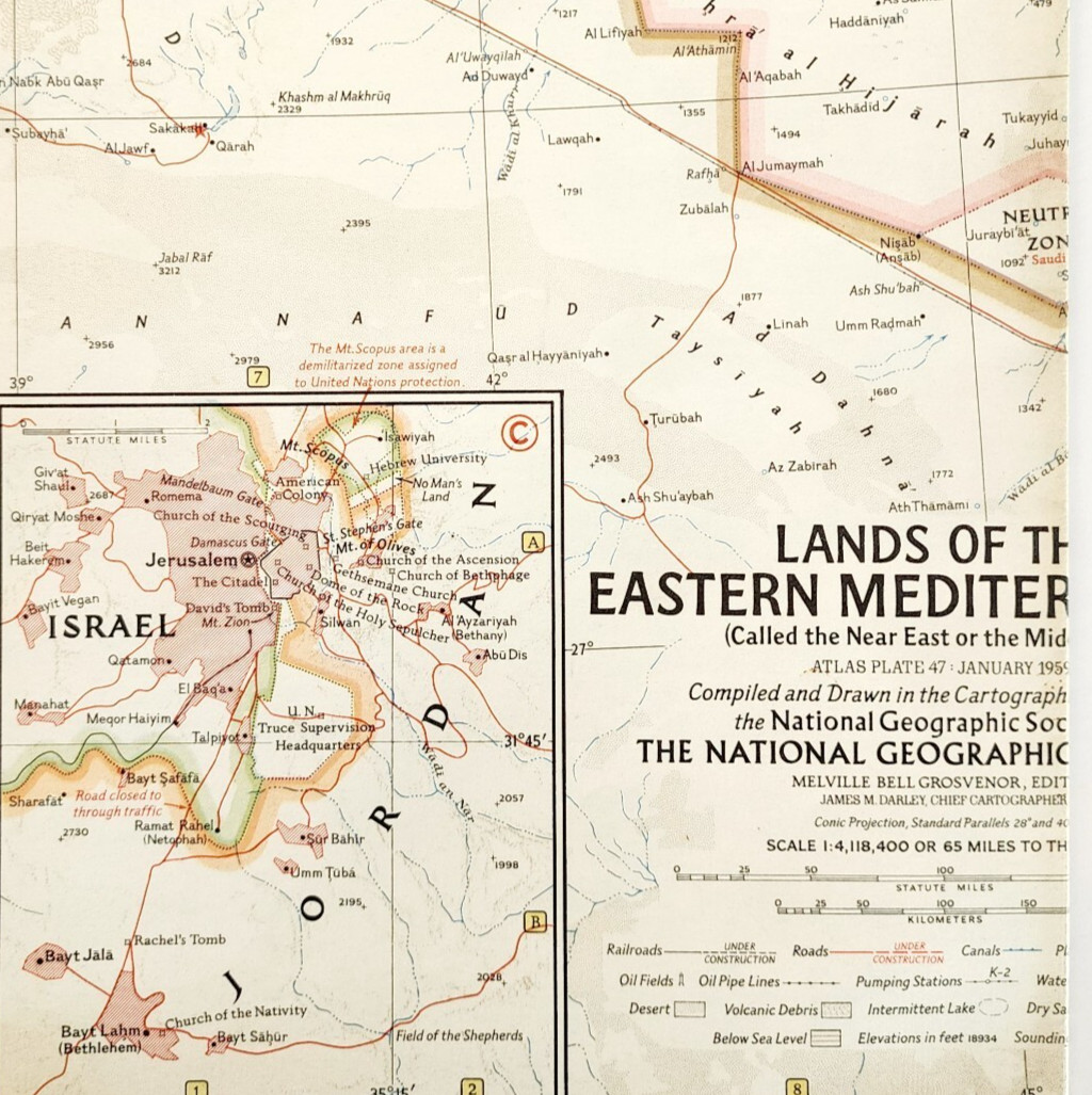 1959 Middle East Eastern Mediterranean Map National Geo Israel 24.75 x 19″ F13F
