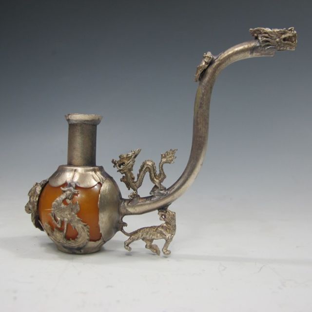 Old Chinese Handmade Inlay Yellow Jade Tibet Silver Dragon Smoking Pipe d319