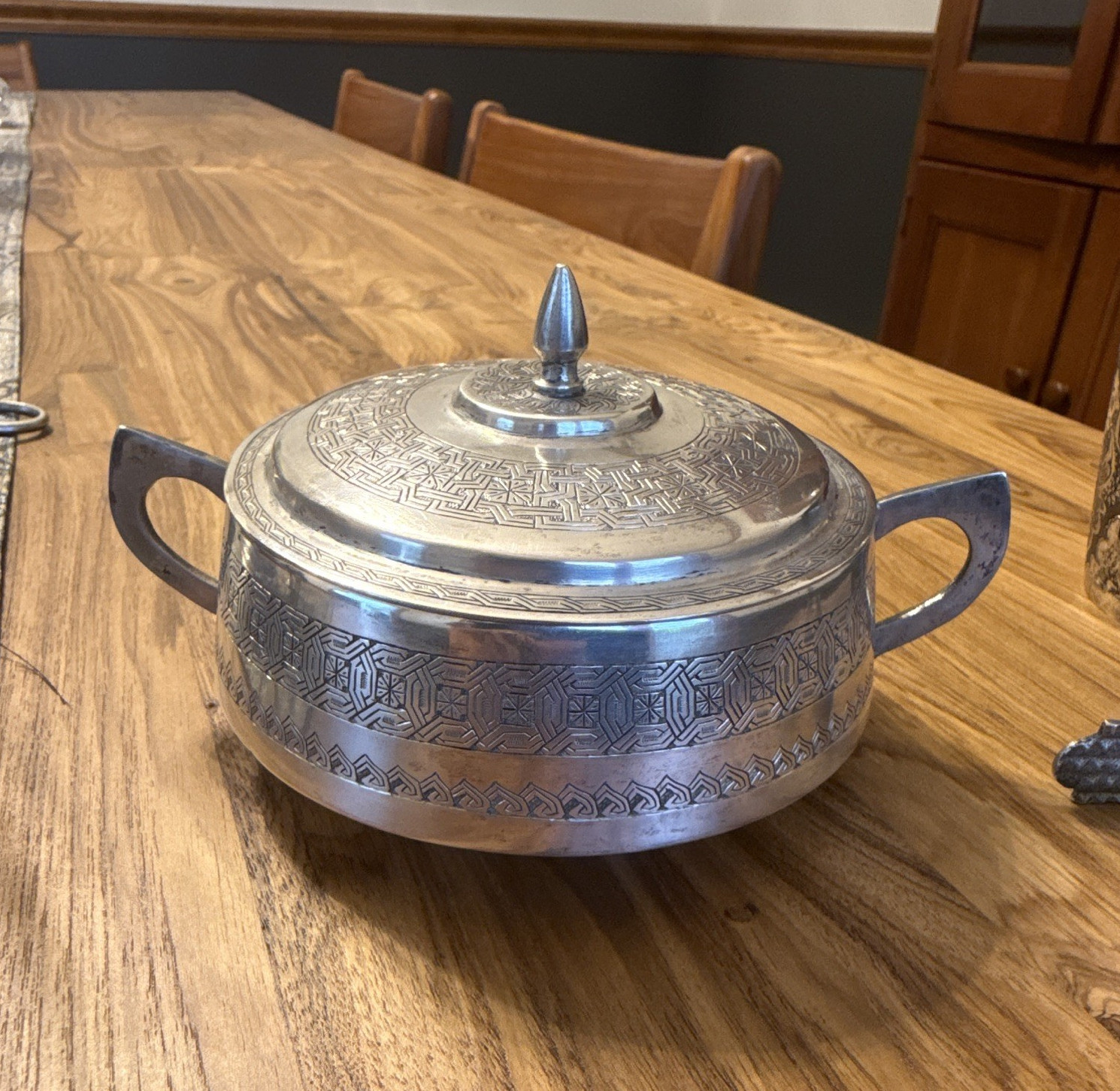 Antique Persian Silver sugar bowl with lid and tongs.