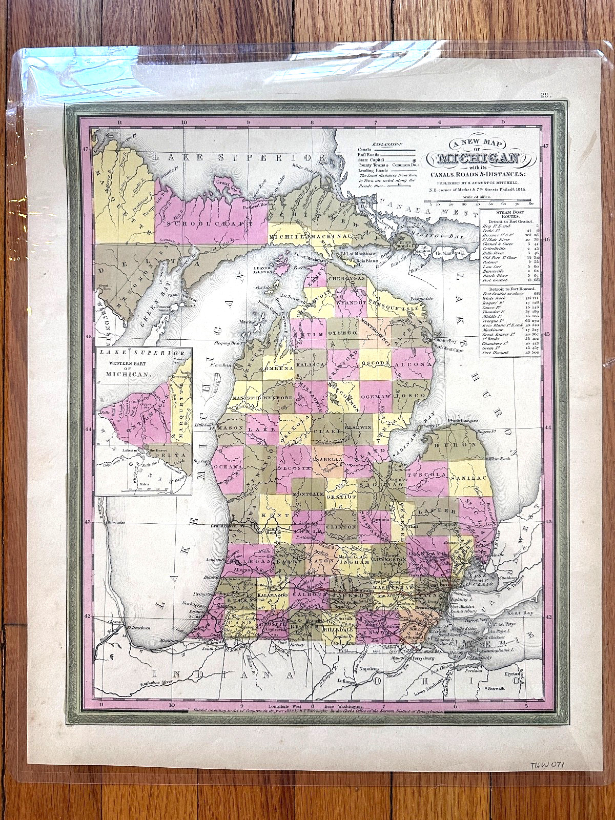 ANTIQUE 1846 “A NEW MAP OF MICHIGAN” by SAMUEL AUGUSTUS MITCHELL Hand Colored