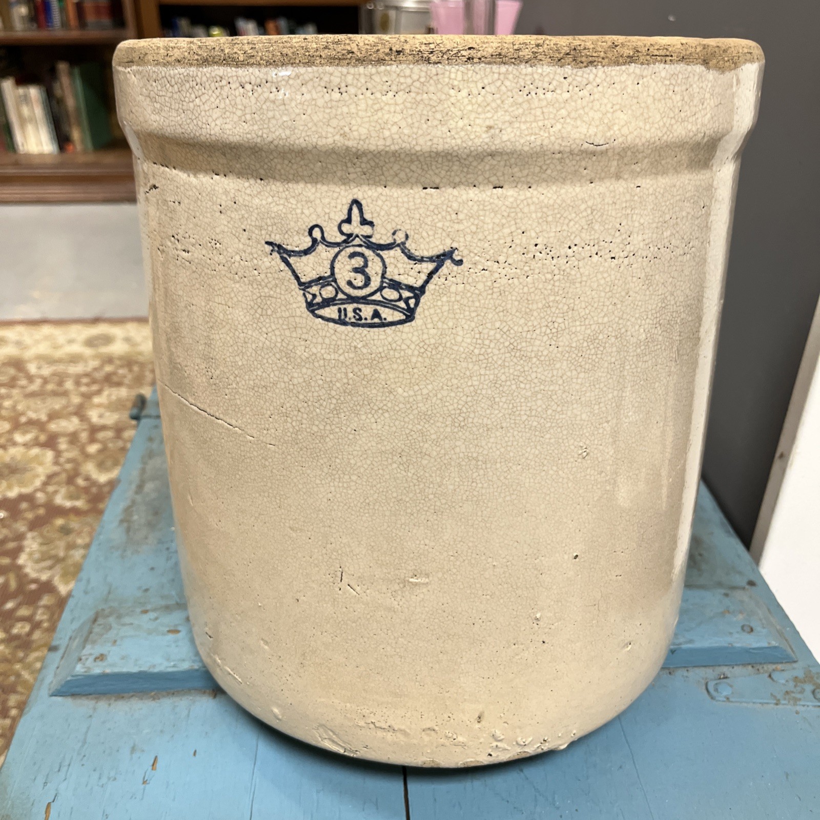 Vintage Robinson Ransbottom 3 Gallon Blue Crown Stoneware Crock No Crack or Chip