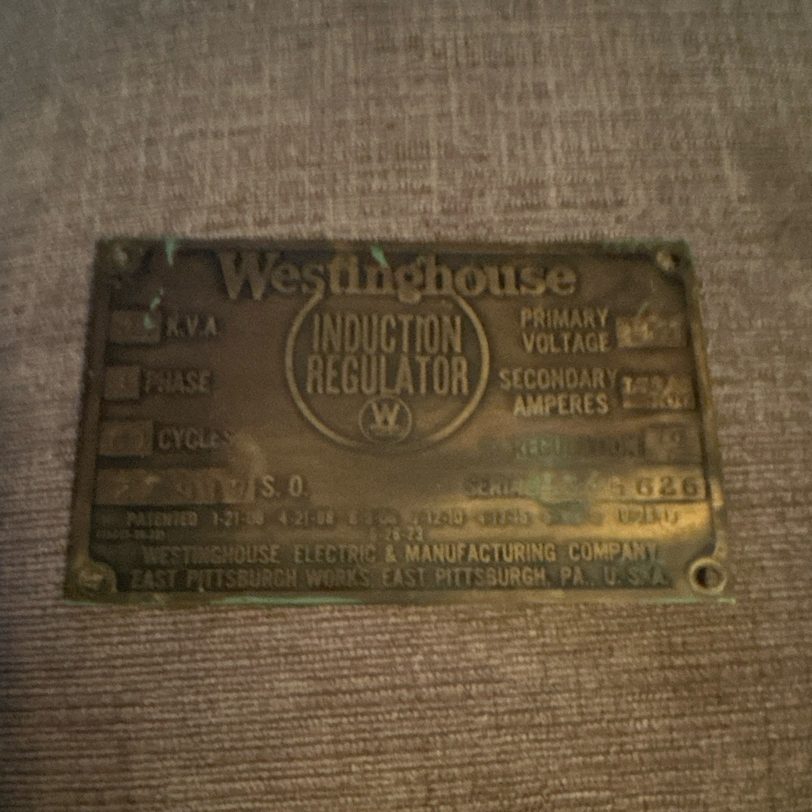 Westinghouse Induction Regulator Brass Gold Nameplate Data Plate Tag