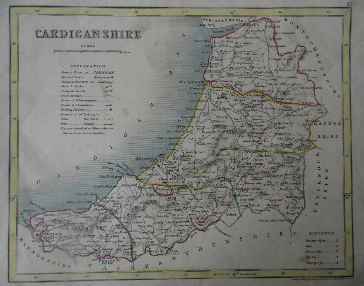 Four Antique Welsh County Maps. J.Archer Original 1850. Wales