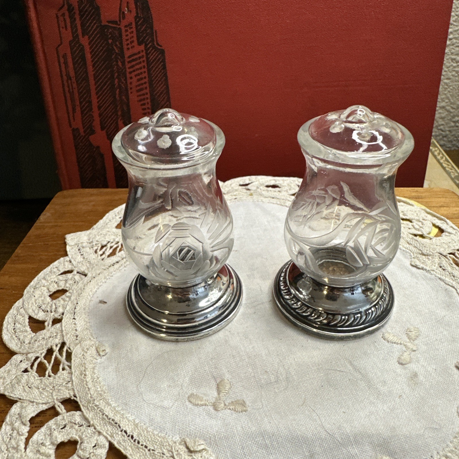 Weighted Sterling (.925) Silver base, Quaker Silver Co Glass S&P Shakers