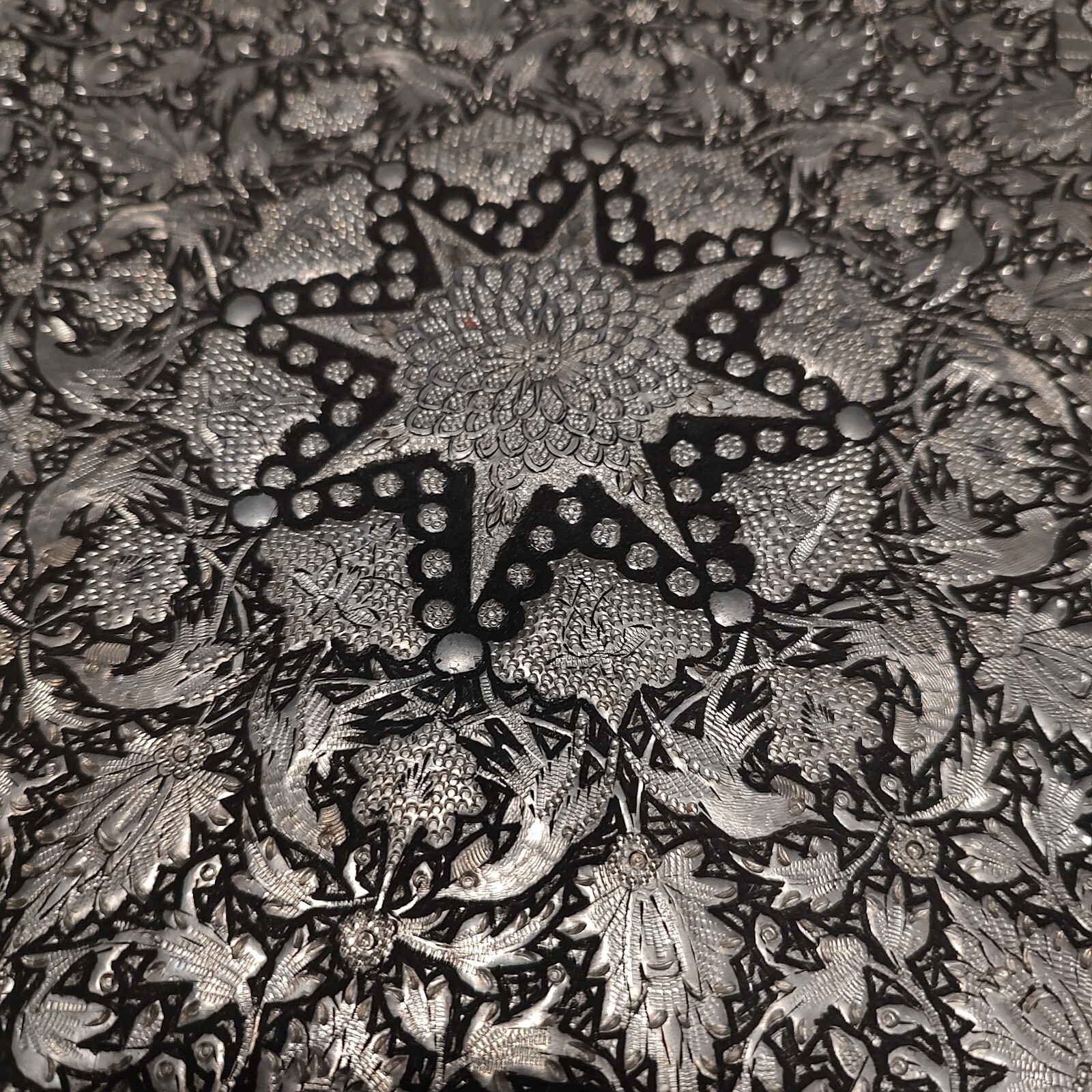 Vintage Handmade Vintage Middle Eastern Round Silver Tray  Floral Design