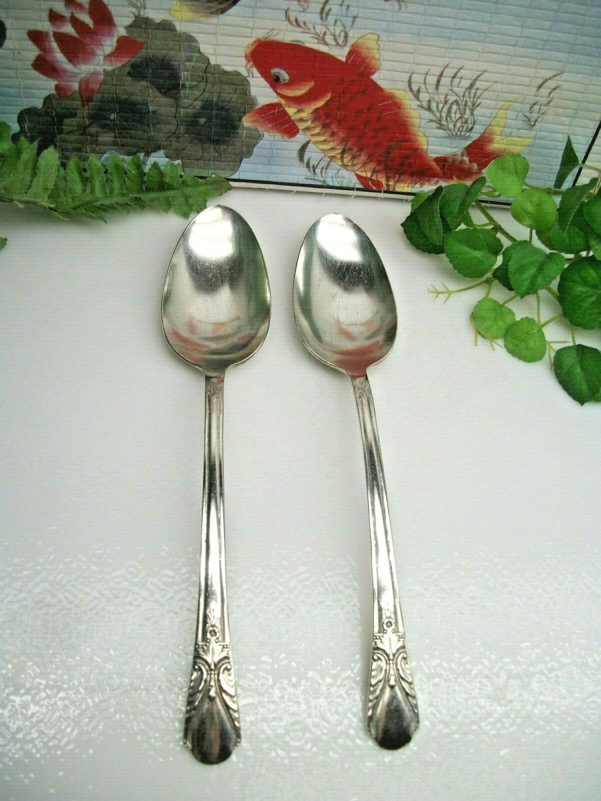 2 International Rogers AVALON Cabin Silverplate Solid Serving Spoons 1940