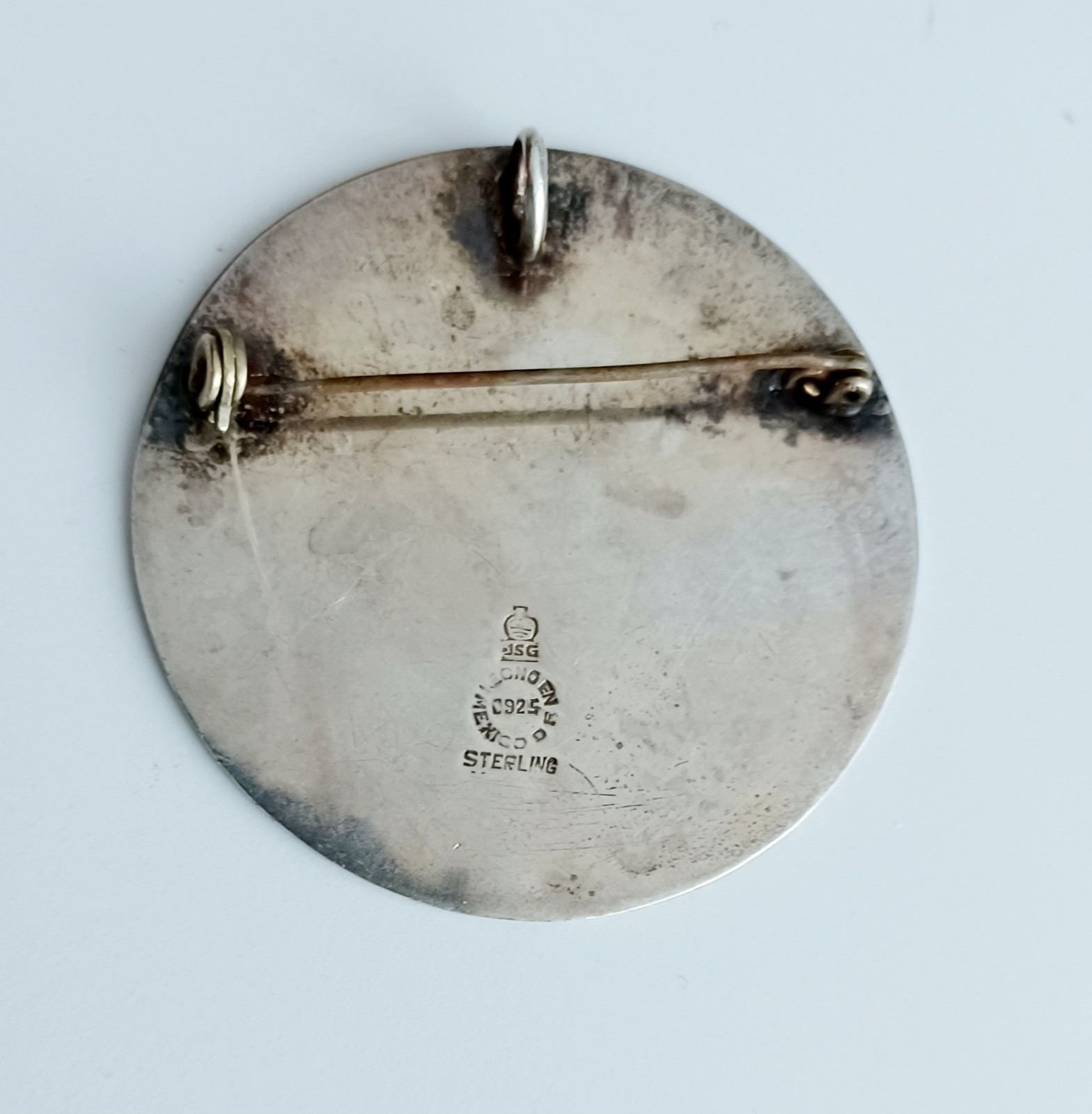 AZTEC SIGNED”JSG” MEXICO STERLING SILVER Vtg Round PIN BROOCH PENDANT EAGLE Mark