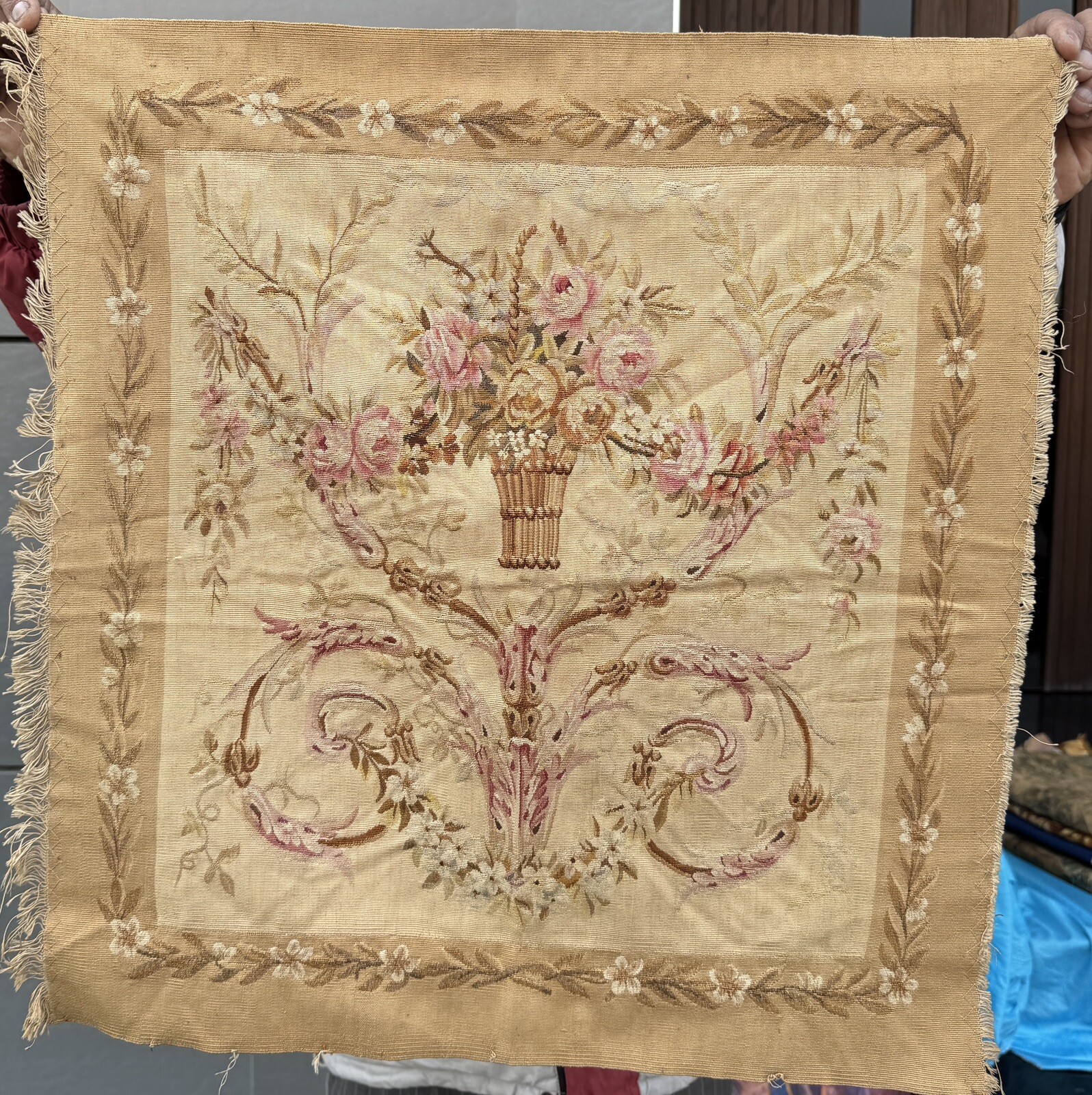 Antique 19th C French Aubusson Hand Woven Silk Tapestry 55 X 55 Cm