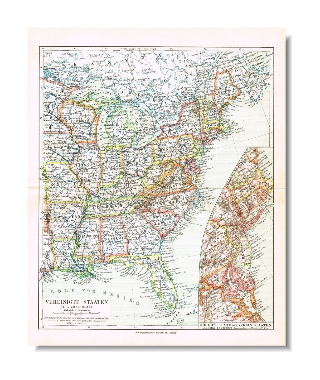EASTERN United States 1910 ANTIQUE Original Map New York New Jersey Vermont