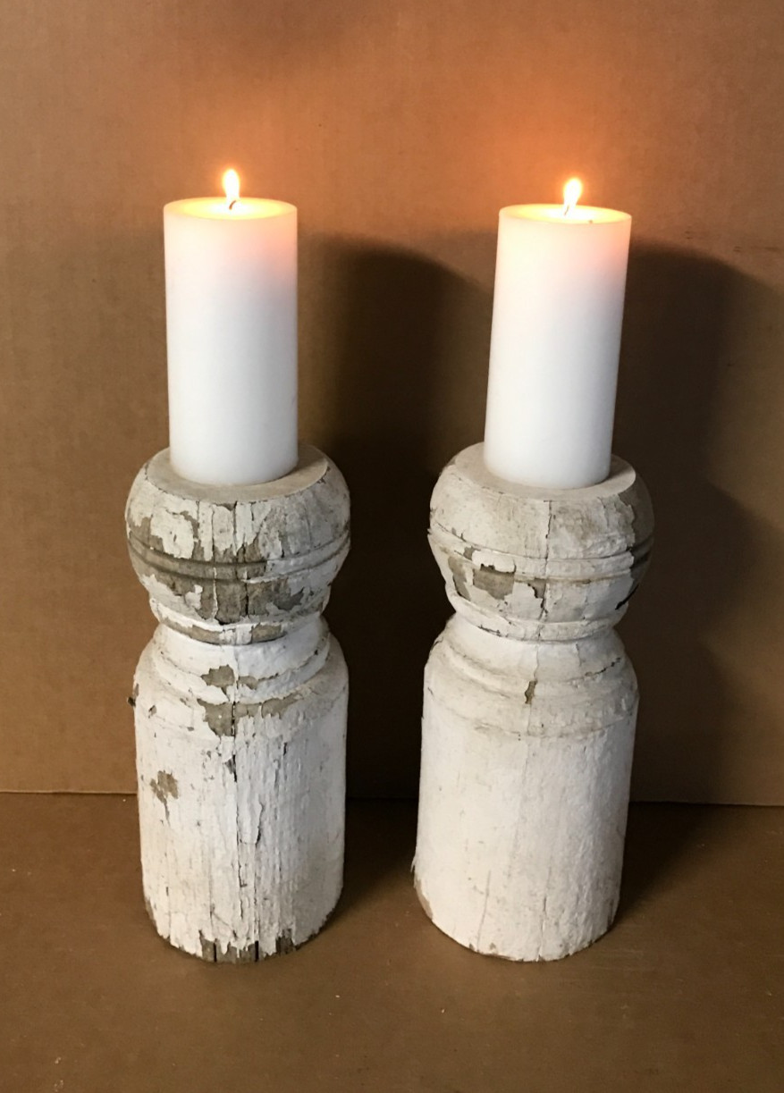 Pair 12″ Turned Wood Shabby Chunky Chic Plant Candle Holder Stands VTG 153-26B