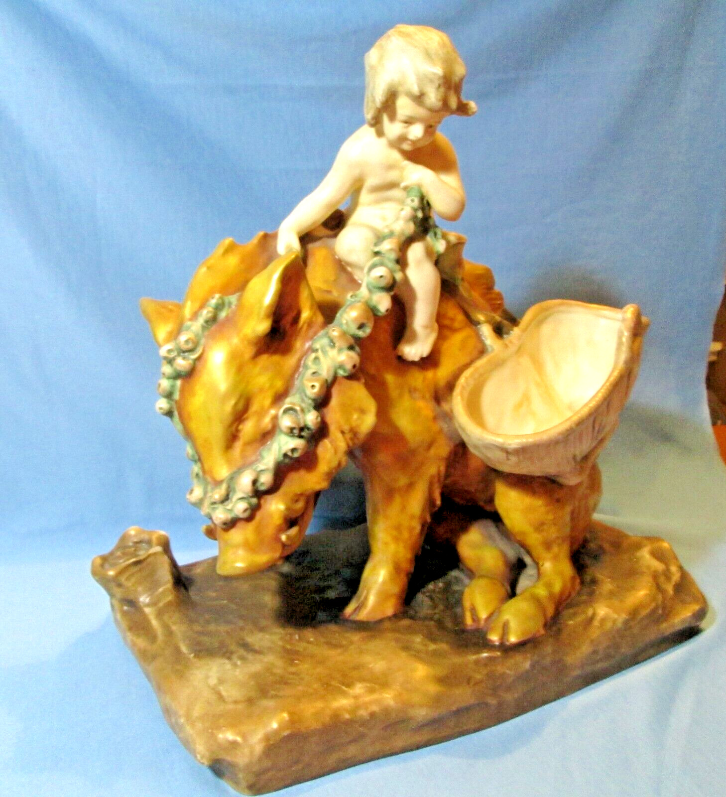 WILD BOAR & CHERUB CHILD Antique Royal Dux 19″ Porcelain Sculpture Figure tc