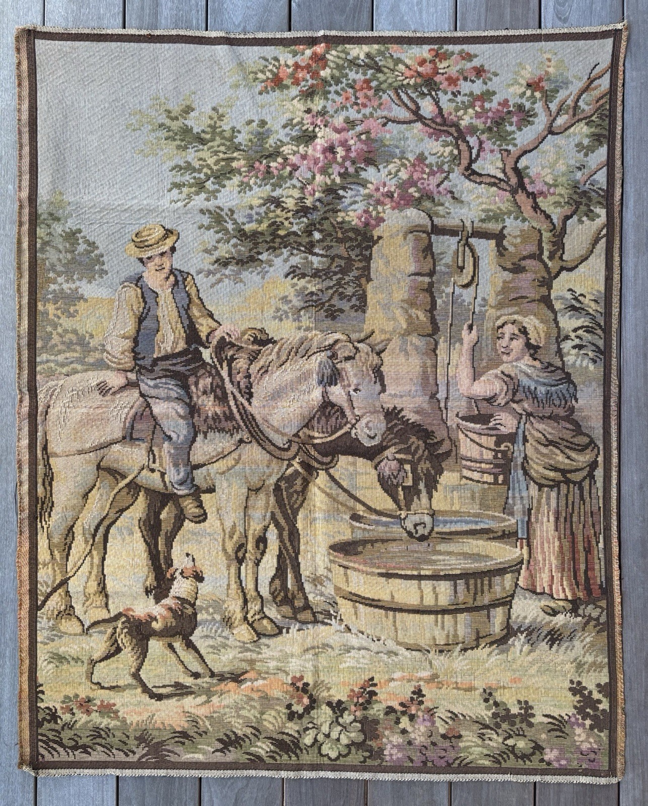 Large Aubusson Style Tapestry Belgium Circa 1920s Flowering Trees Horses And Dog
