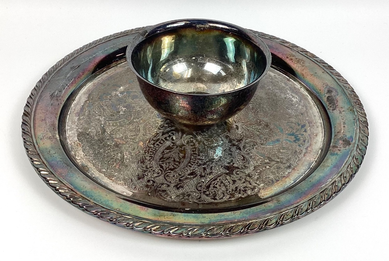 Vintage Silver-Plated Chip & Dip Serving Tray, Approx. 3″ Tall & 12″ Diameter