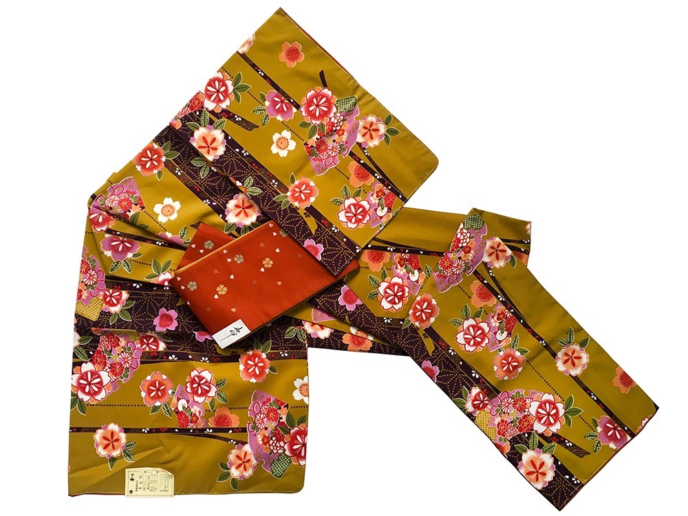 Lovely Unworn Floral Print Washable Silk-Like Polyester Fabric Kimono & Obi