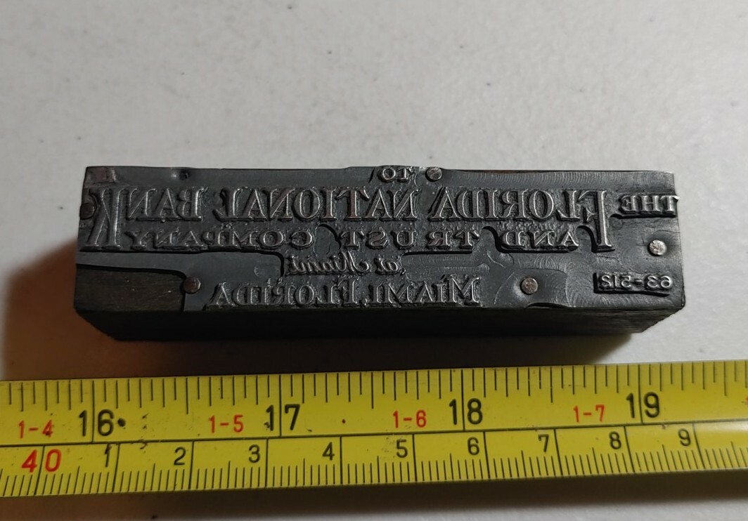 Vtg Letterpress Printing Block Florida National Bank & Trust Miami Advertising