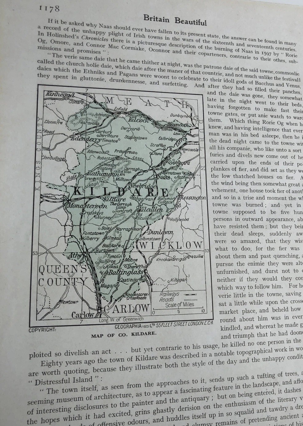 1923 Map Of Kildare County Ancient Cross Vintage Antique Print C
