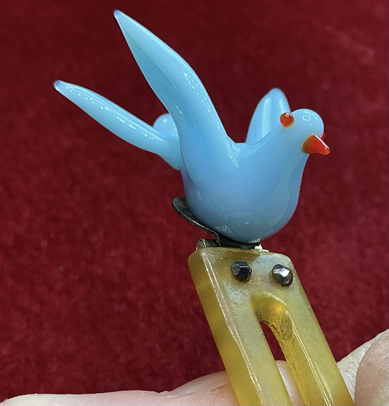 Antique Hinged Hair Comb Signed DEPOSE Venetian Glass Dove Bird