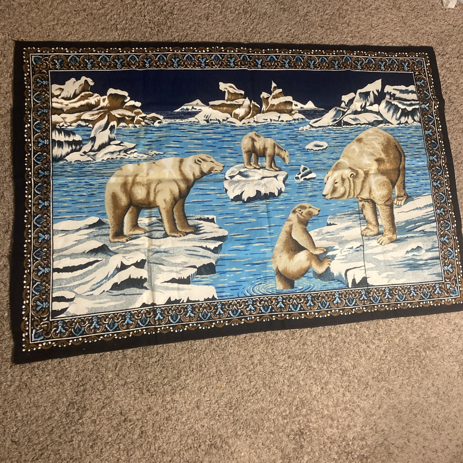 Vintage Polar Bear Tapestry Velvet Wall Hanging Decor TURKEY Cotton 57” x 38”