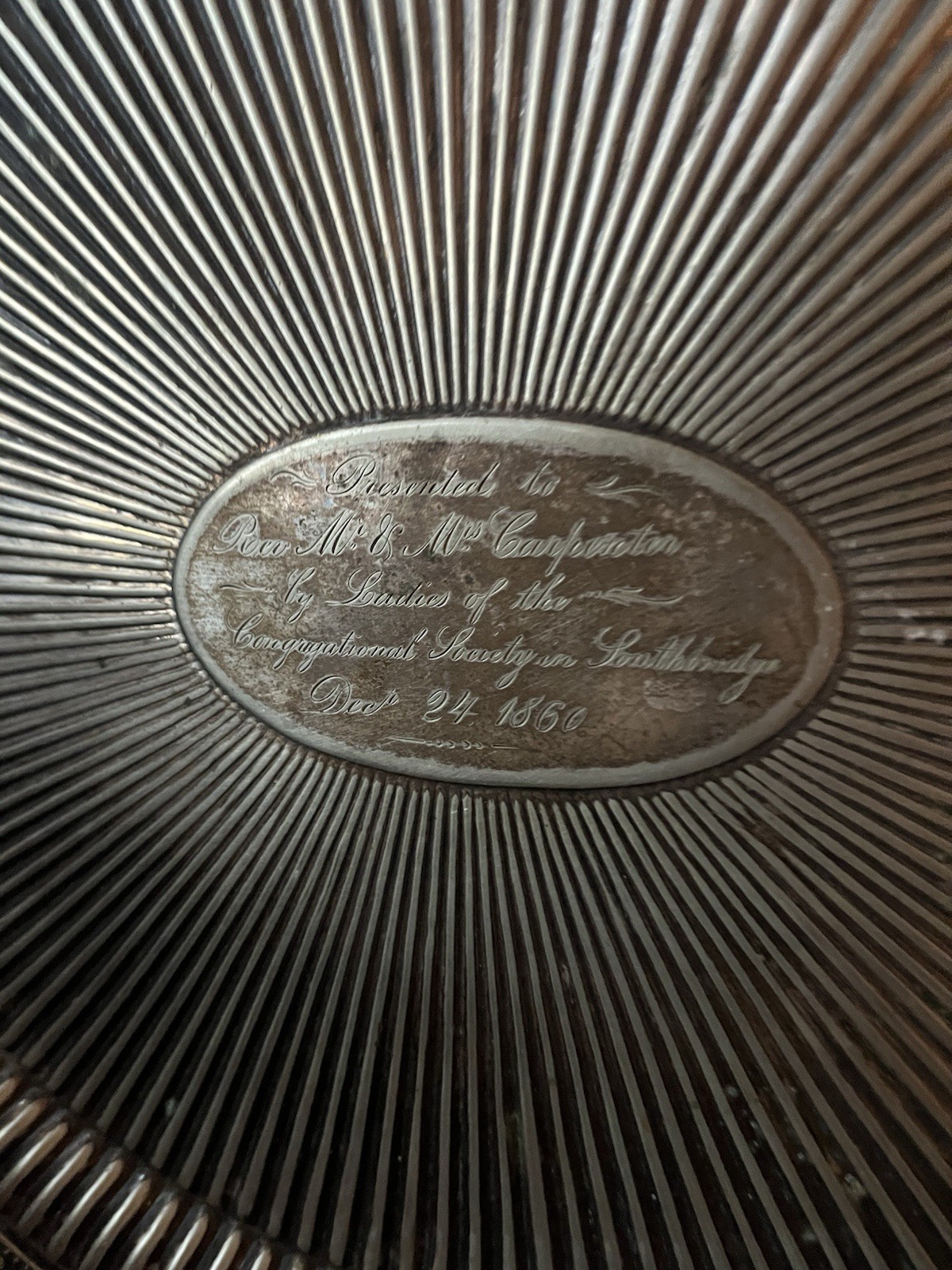 Antique Civil War Era Silver Plate ? PLATTER Tray Inscribed 1860 Southbridge