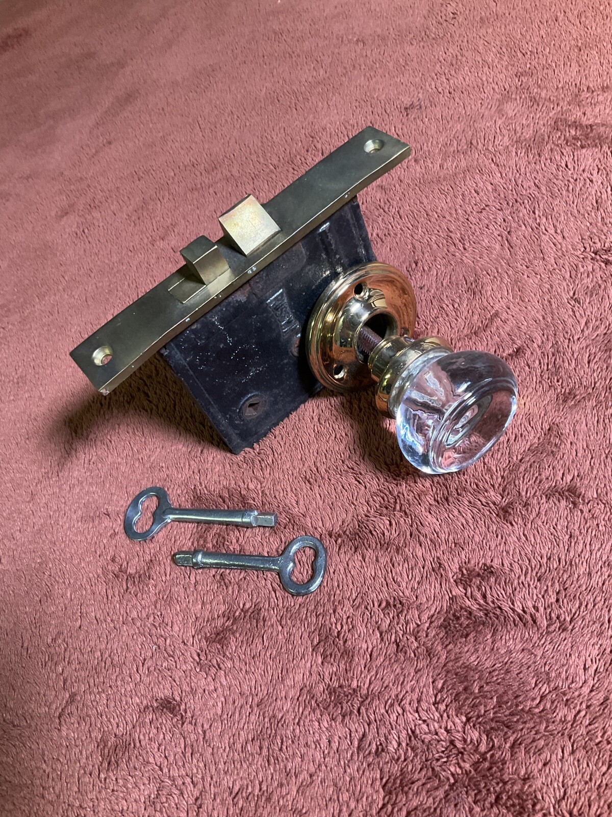 Antique Brass Russwin Mortise Door Lockset, 2 Glass Knobs, 2 Square Keys