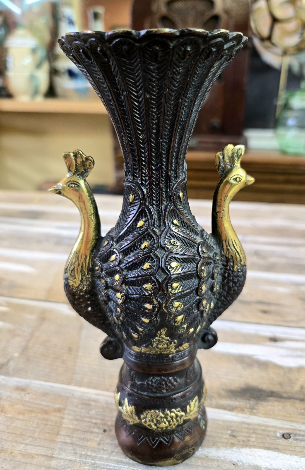 Antique Chinese Copper Bronze Double Handle Peacock Vase 7″ Gold Painted Accents