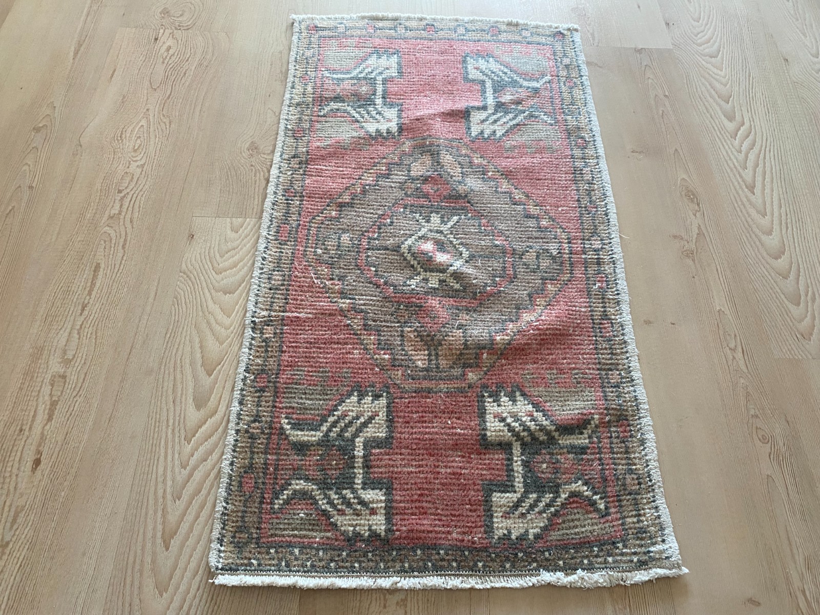Vintage Turkish Small Rug 1.6 x 3.0 ft Handmade Wool Anatolian Muted Red Carpet