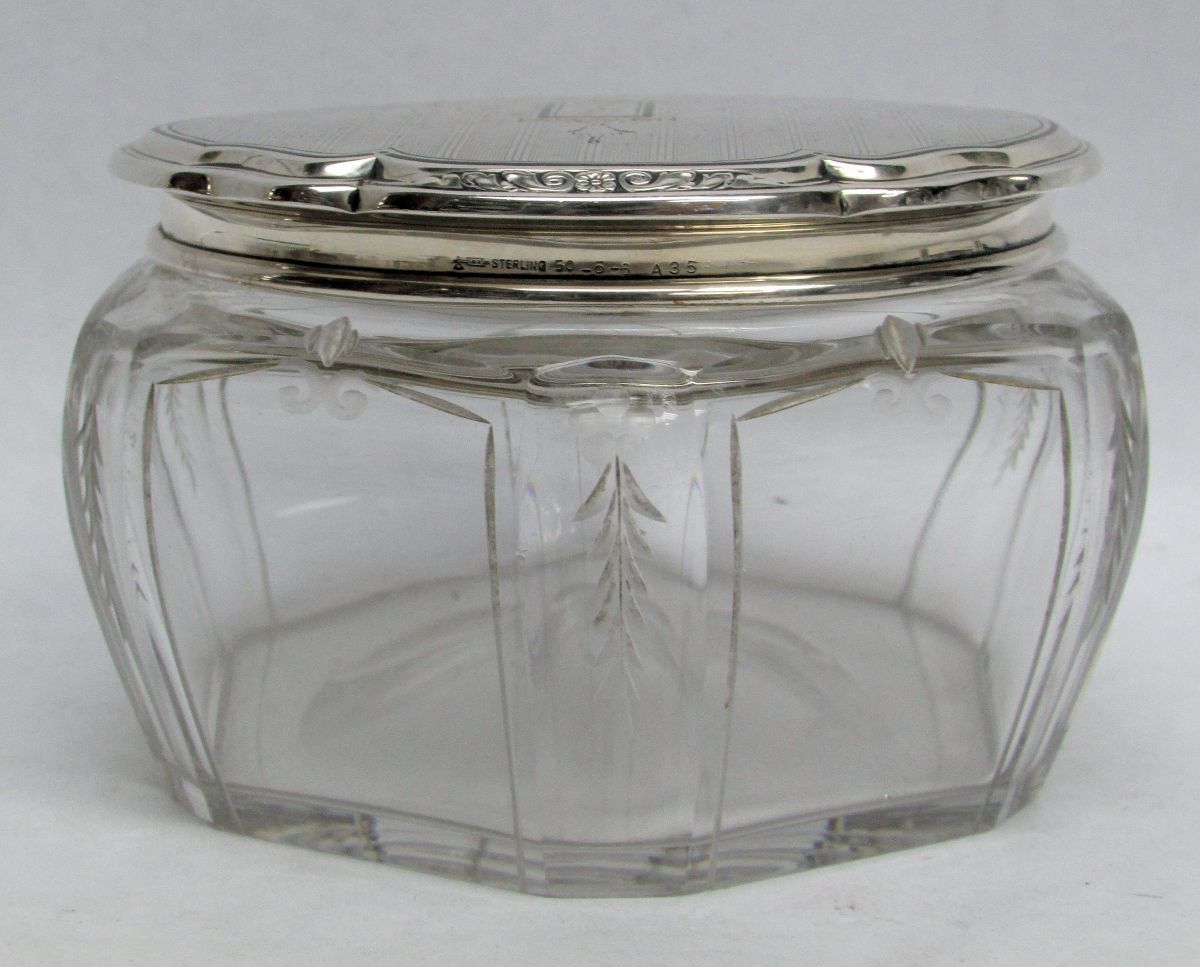 DECO ERA WILLIAM KERR STERLING SILVER & CRYSTAL POWDER JAR