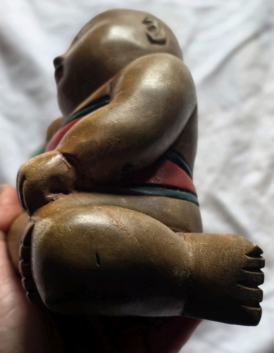 22.5cm VINTAGE WOOD CARVED ASIAN GOOD LUCK CHILD BOY/BUDDHA ON MELON. THAI (403