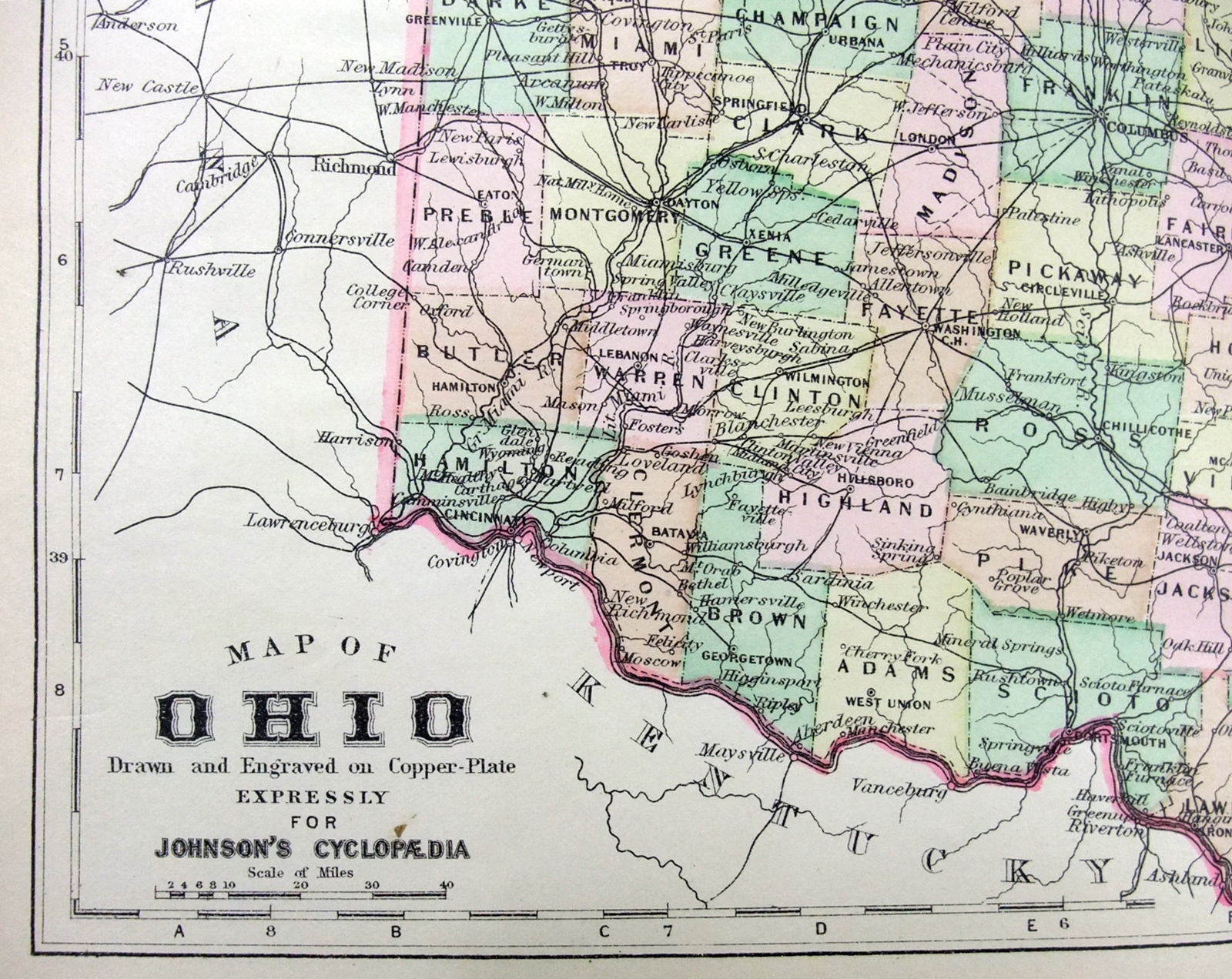 Ohio – Original 1895 Copper-Plate Map by A. J. Johnson. Rare.. Antique