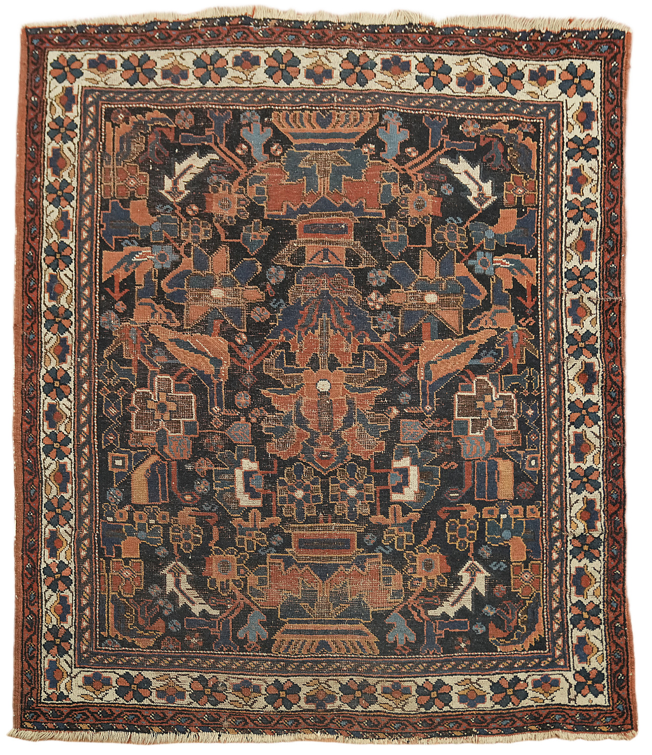 Pre-1900 Vegetable Dye Antique Traditional Wool Area Rug in 4×4 Blue & Rust Hues