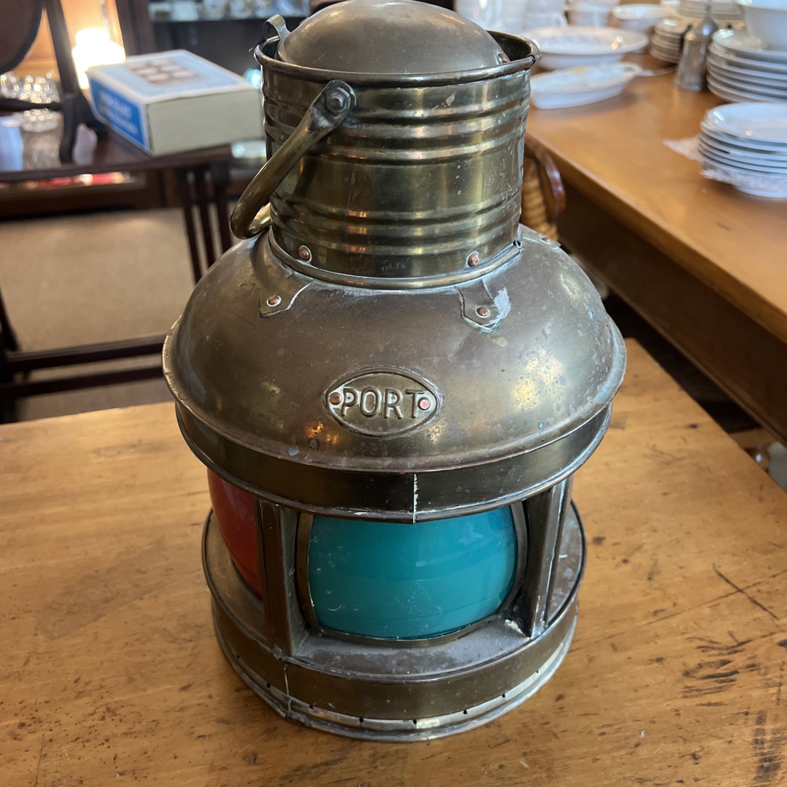 Antique Brass Masthead Lantern – Tri-Color Glass (Red, Blue, Clear) Ship Light