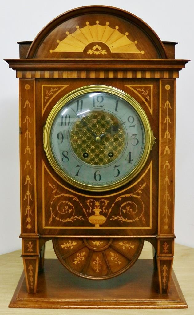 Rare Antique French 8 Day Inlaid Marquetry Mahogany Bracket Clock & Wall Bracket