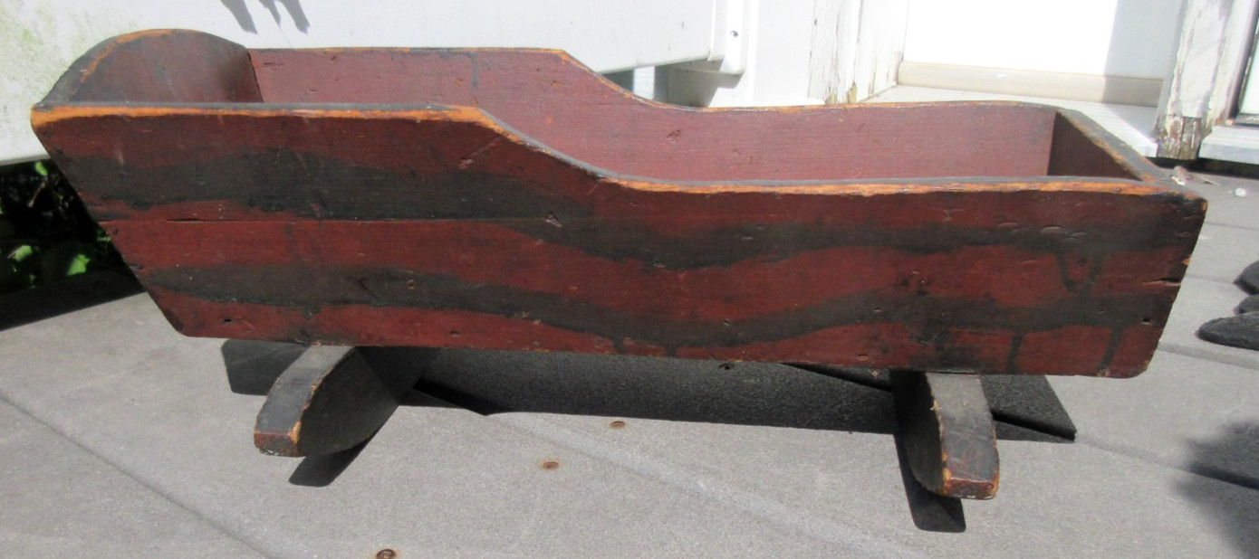 RARE EARLY AMERICAN DOLL CRADLE IN ORIGINAL RED WASH ESTATE FIND