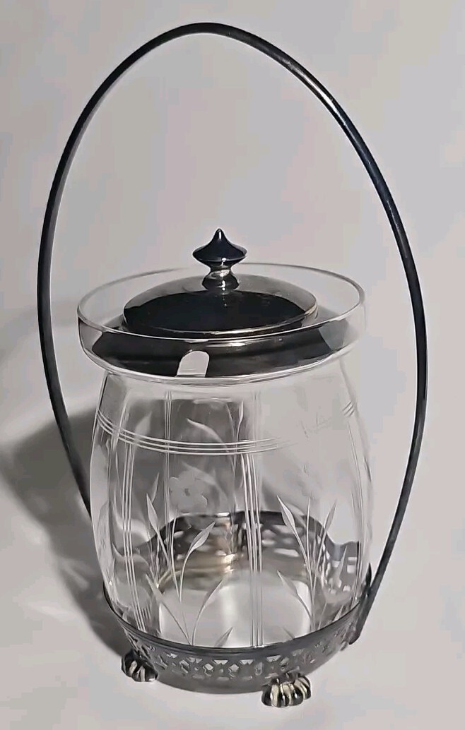 Sheffield Silver Plate Glass Pickle Jar Condiments Jam Floral Etched Pairpoint