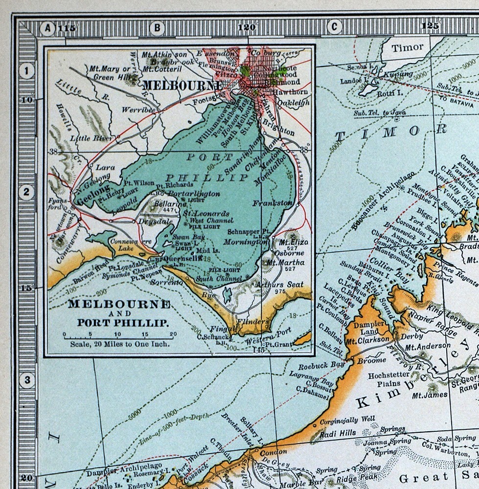 1897 Century Map Australia Sydney Melbourne Adelaide Tasmania Brisbane Newcastle