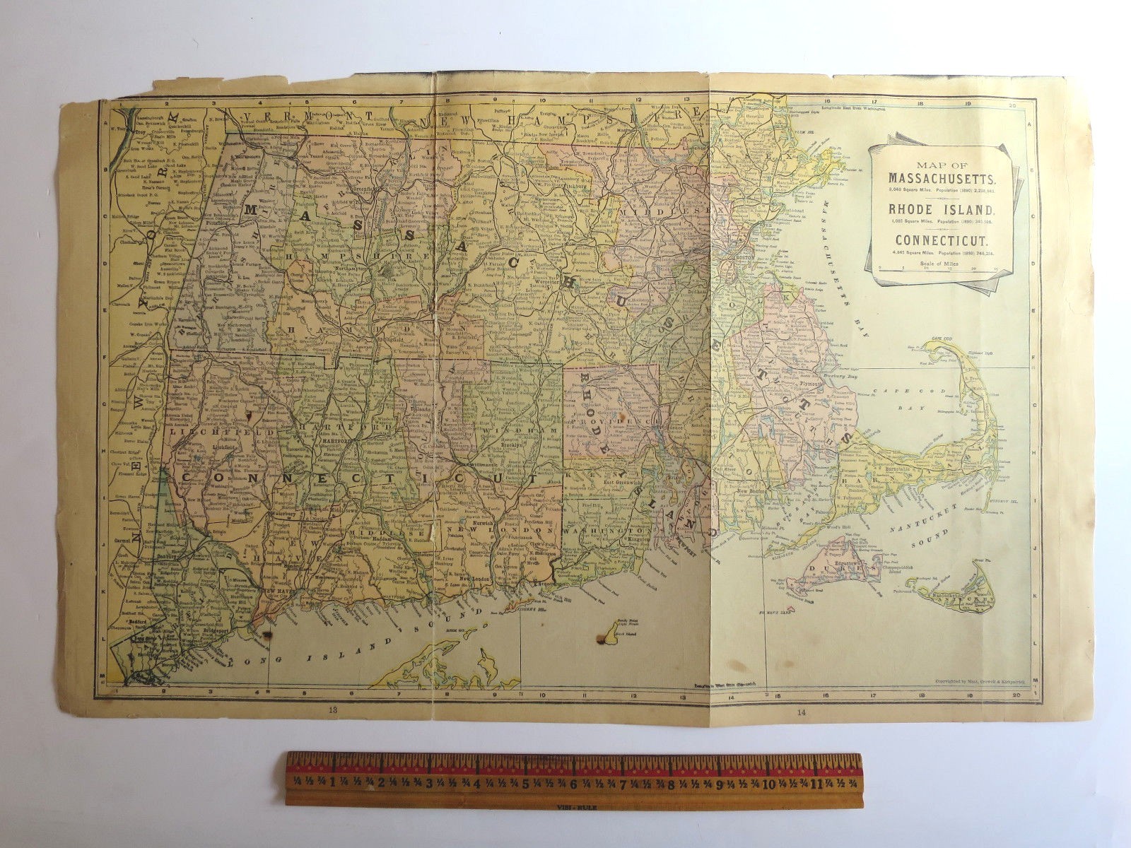 Original Antique 1899 Atlas Map Massachusetts, RI, Conn. Oversize 21.75″ x 13.5″