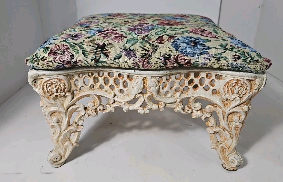 Vtg Heavy Ornate Victorian White Cast Iron Foot Stool Floral/Farmhouse/Rustic