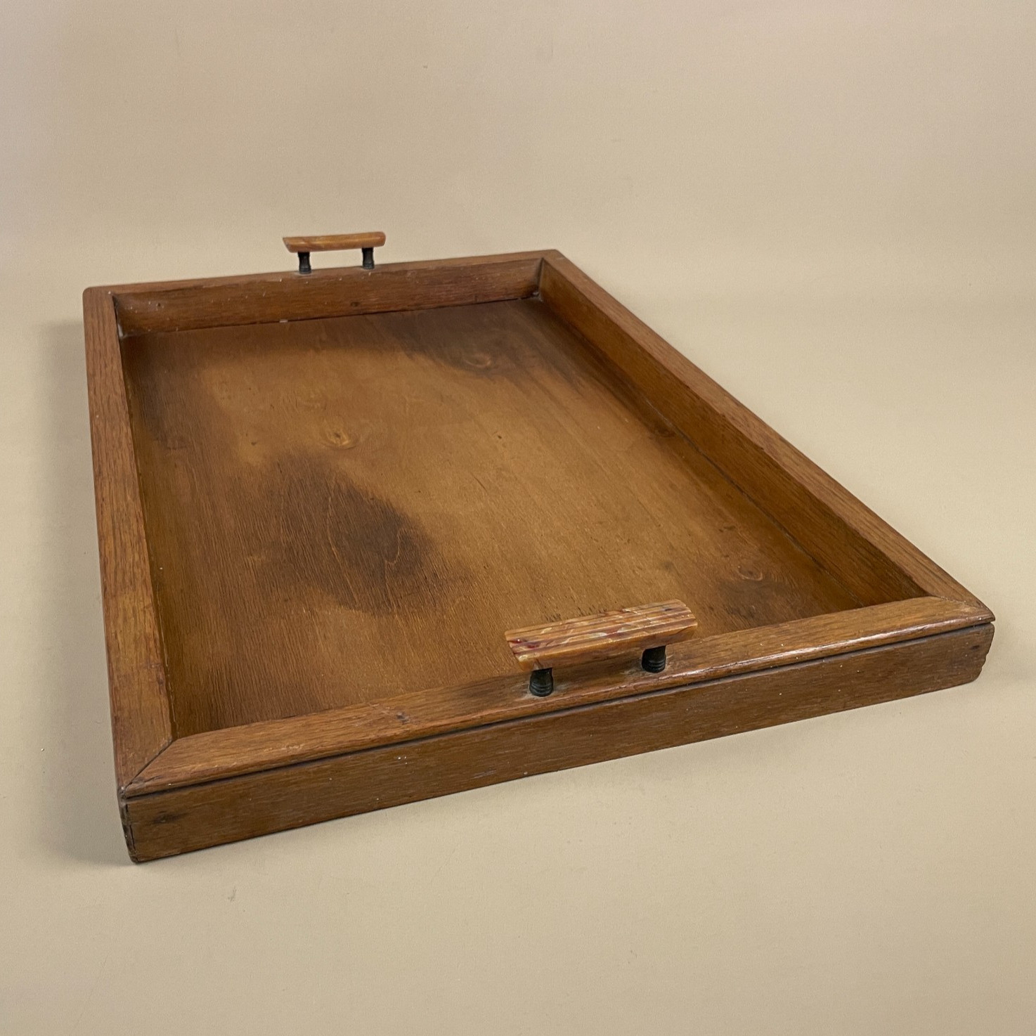 Antique Wooden Tray Wood Display Rectangle Plastic Handles Solid Handmade Brown